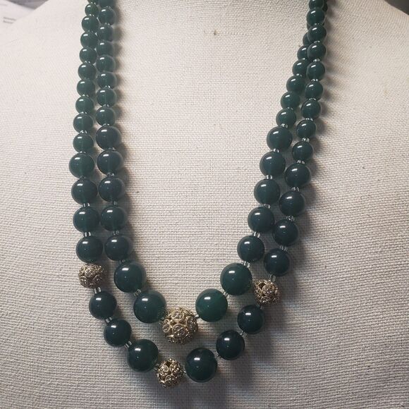 Vintage Talbots Green Bead Rhinestone Ball Two Strand 26" Necklace NWT - Picture 2 of 15